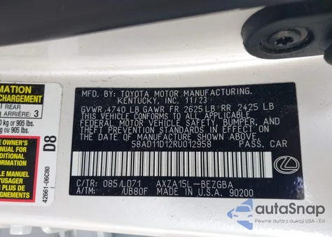 2024 Lexus Es 250 из США, поврежденный, VIN 58AD11D12RU012958